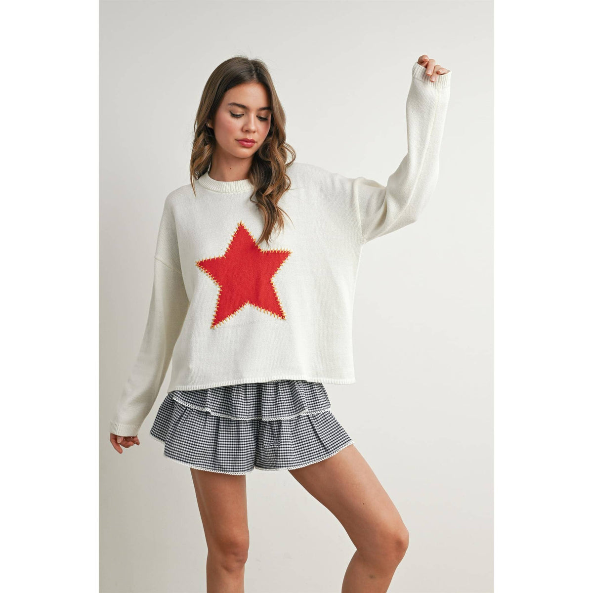 Drop Shoulder Star Pattern Sweater - BMW7756