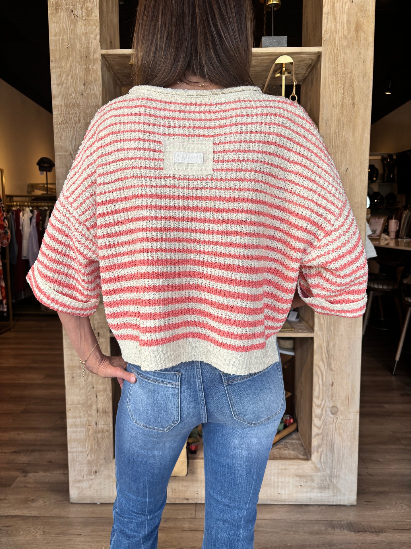 Striped Slouchy Sweater Ecru/Coral