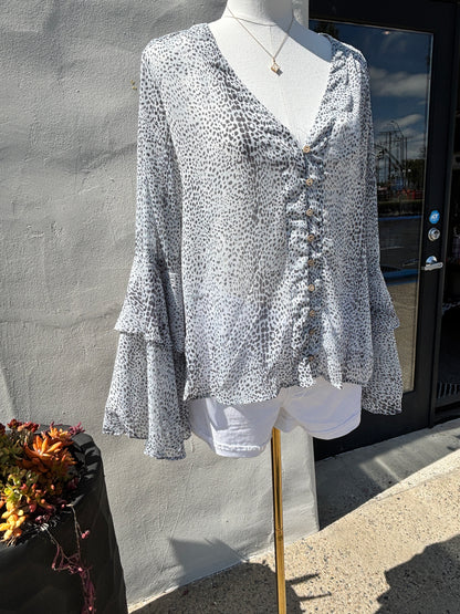 Blue Lace Wing Sleeve Blouse