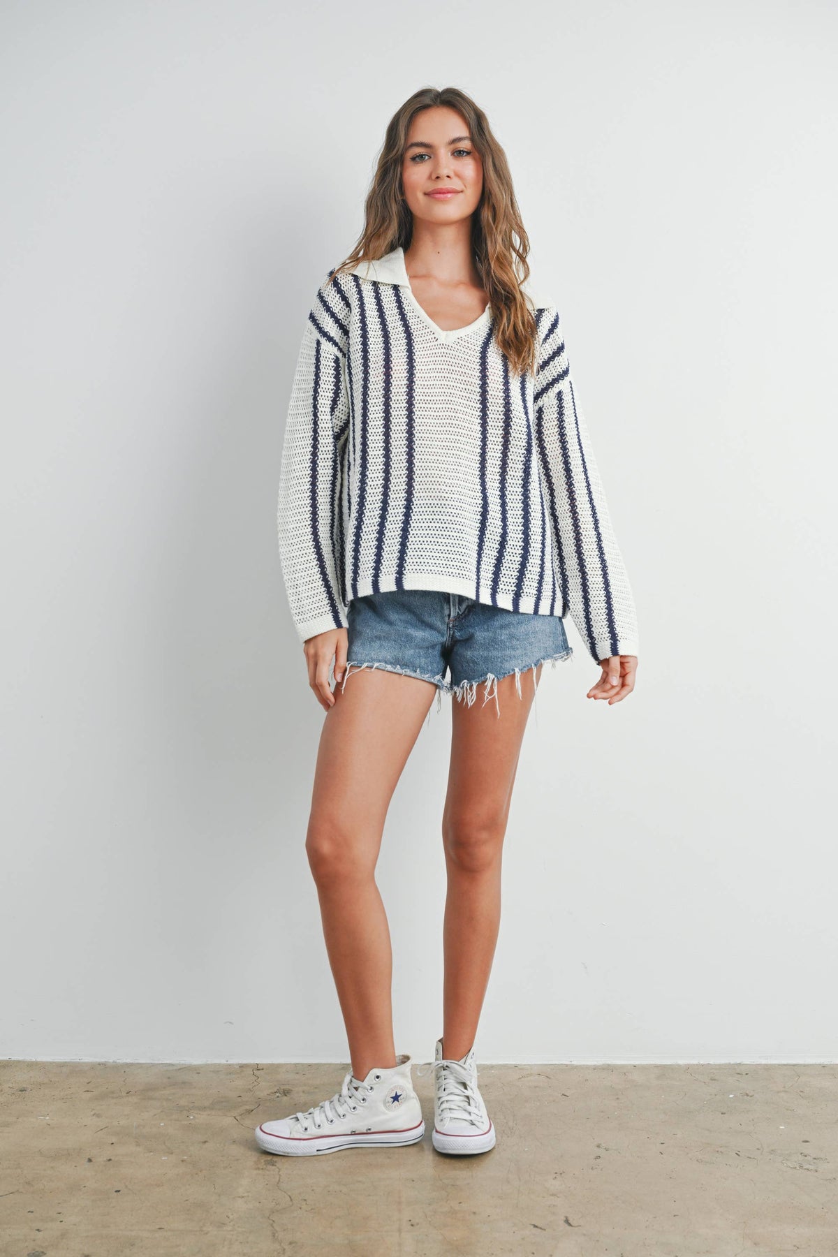 Striped Knit Sweater with Collar - BMW7435