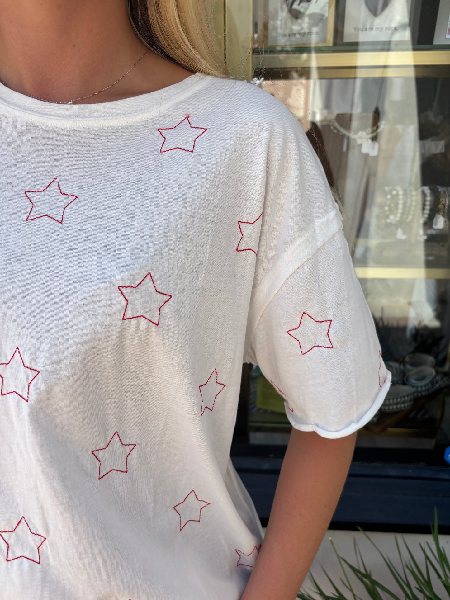 Star Embroidered s/s Knit off white Top-voc