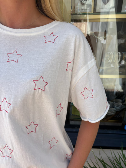 Star Embroidered s/s Knit off white Top-voc