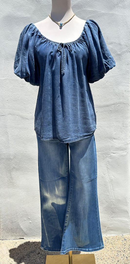 Balloon Sleeve  W/Center Tie Tencel Blouse