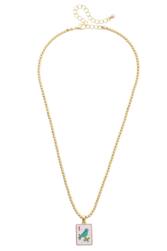 Sparrow Mahjong Tile Ball Bead Necklace in White