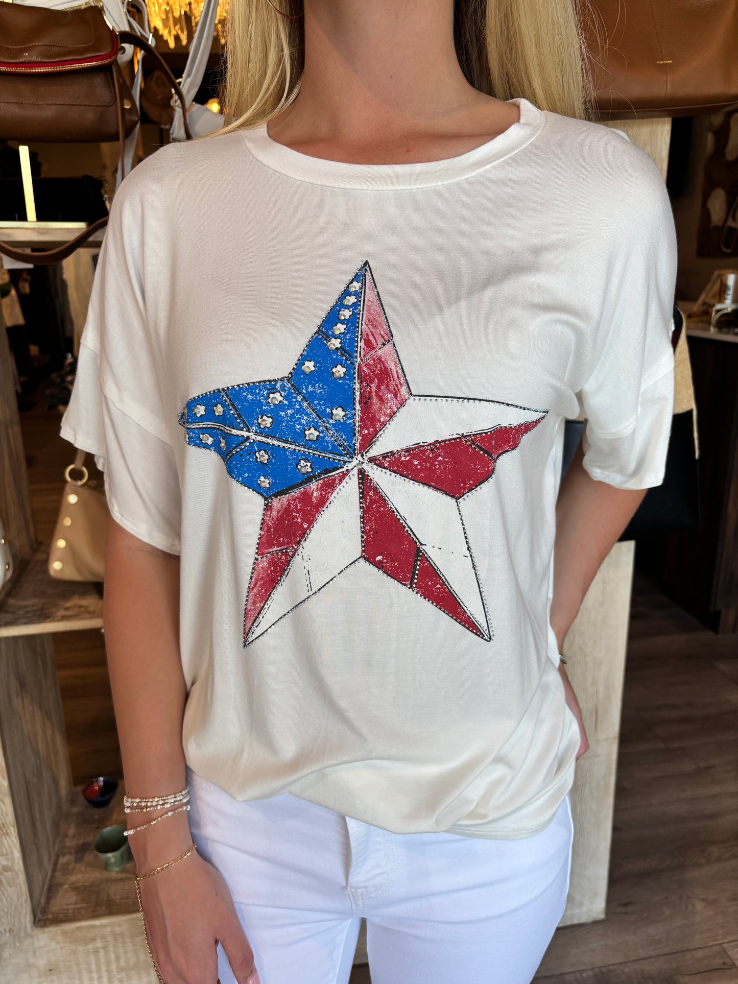 Star Flag off white s/s Top