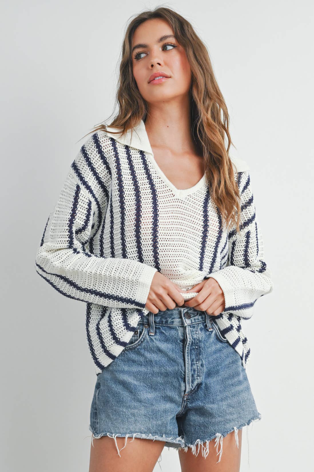 Striped Knit Sweater with Collar - BMW7435