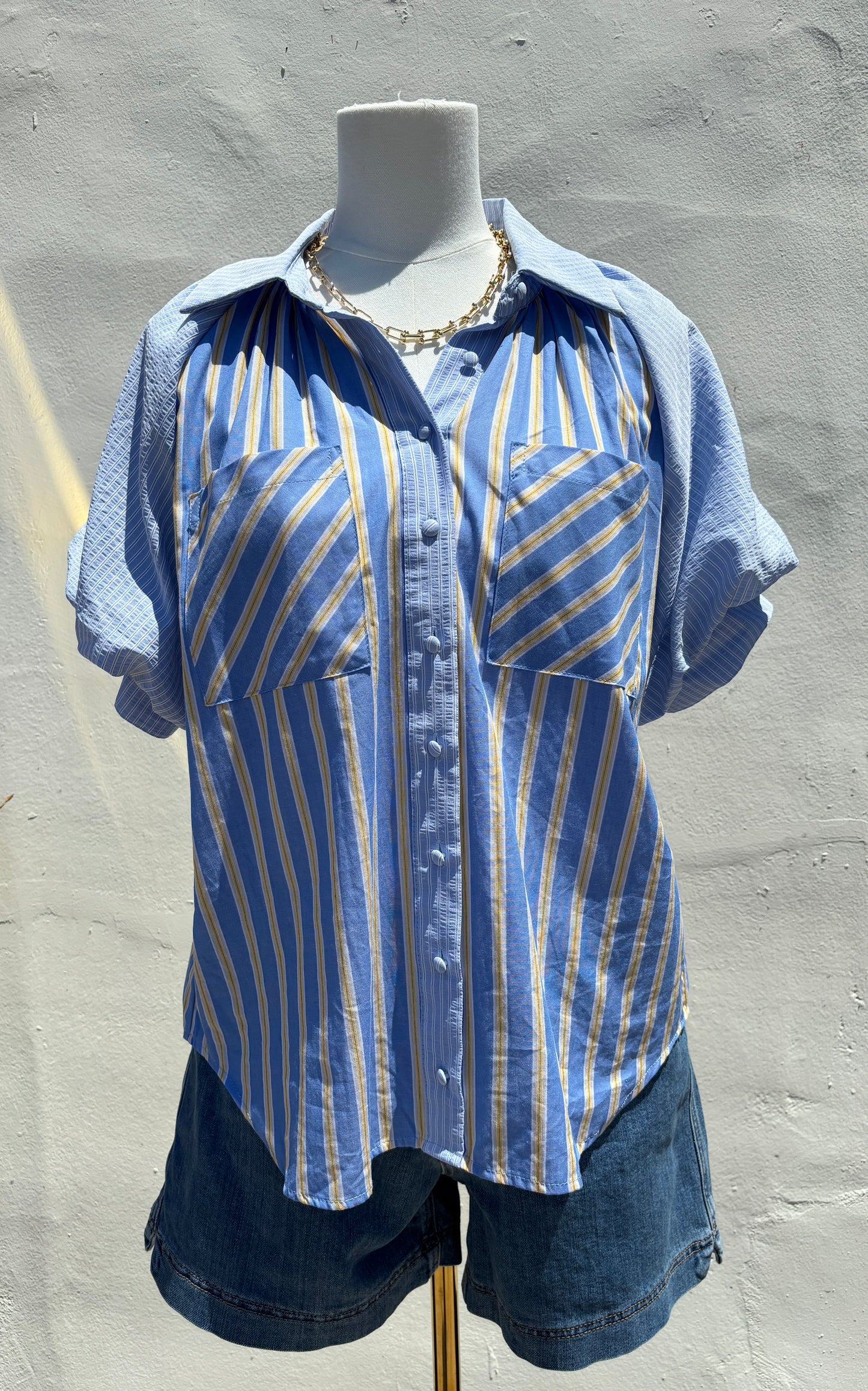 Denim Mix Top w/ Puff Sleeve-Gi
