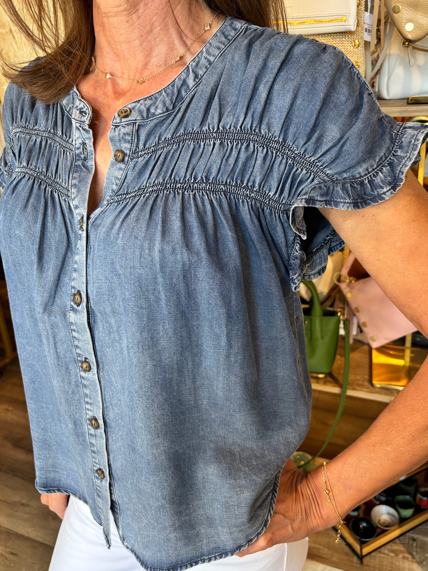 Short Sleeve w/Smocked Button Down Shirt