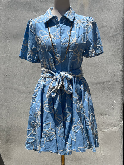 Embroidered Blue Mix Flare Mini Dress-Gi