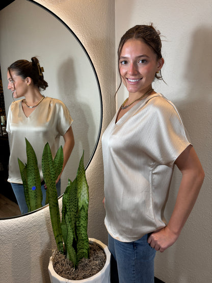 Pleated Cap Sleeve Blouse in Crinkle Satin