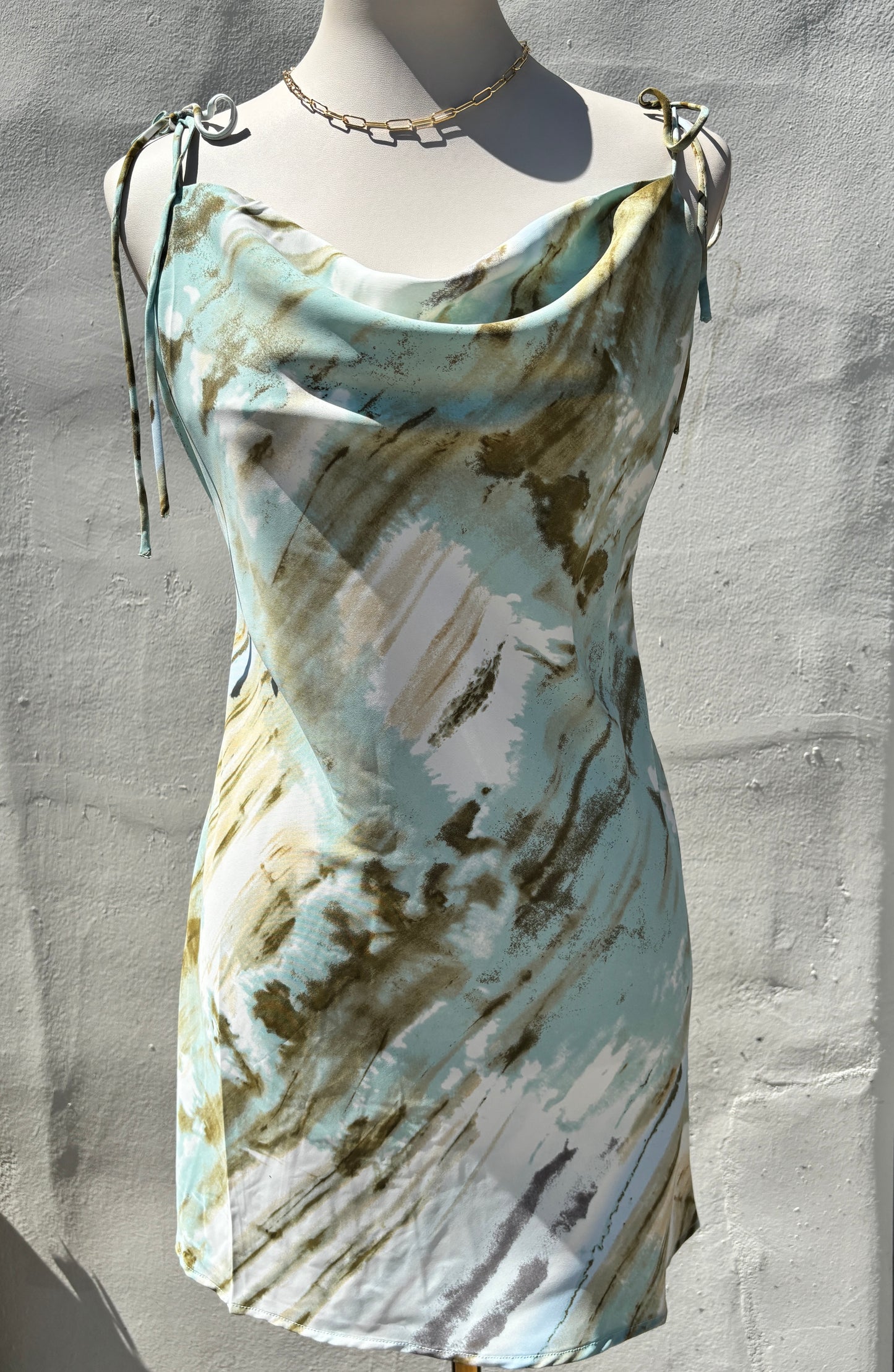 Tie Shoulder Strap Mini Dress- white/mint-AAk