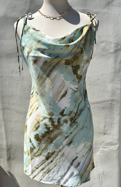 Tie Shoulder Strap Mini Dress- white/mint-AAk