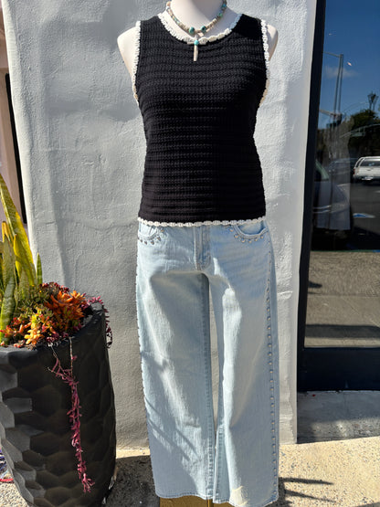 Contrast Trim Crochet Black Sweater Top