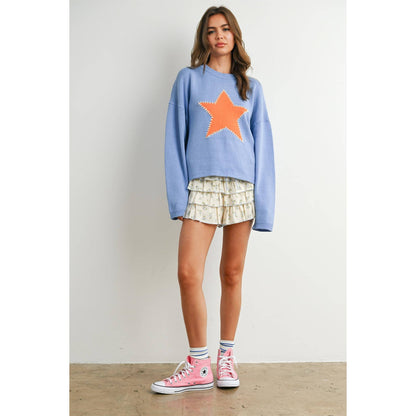 Drop Shoulder Star Pattern Sweater - BMW7756