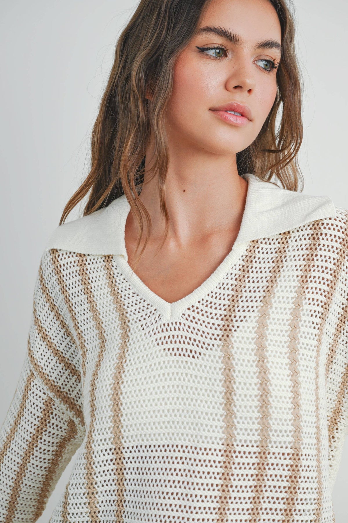 Striped Knit Sweater with Collar - BMW7435