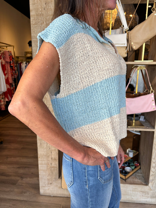 Striped Design Sleeveless Sweater Mint/Oatmeal