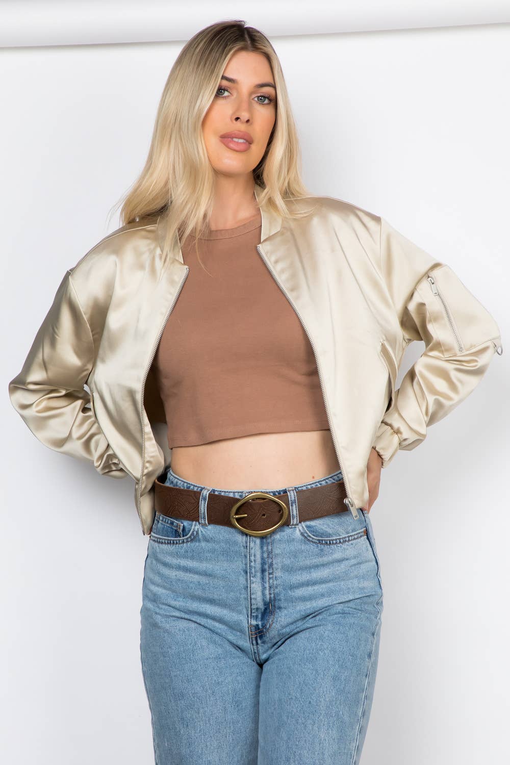 Elegance Satin Zip Up Bomber Jacket