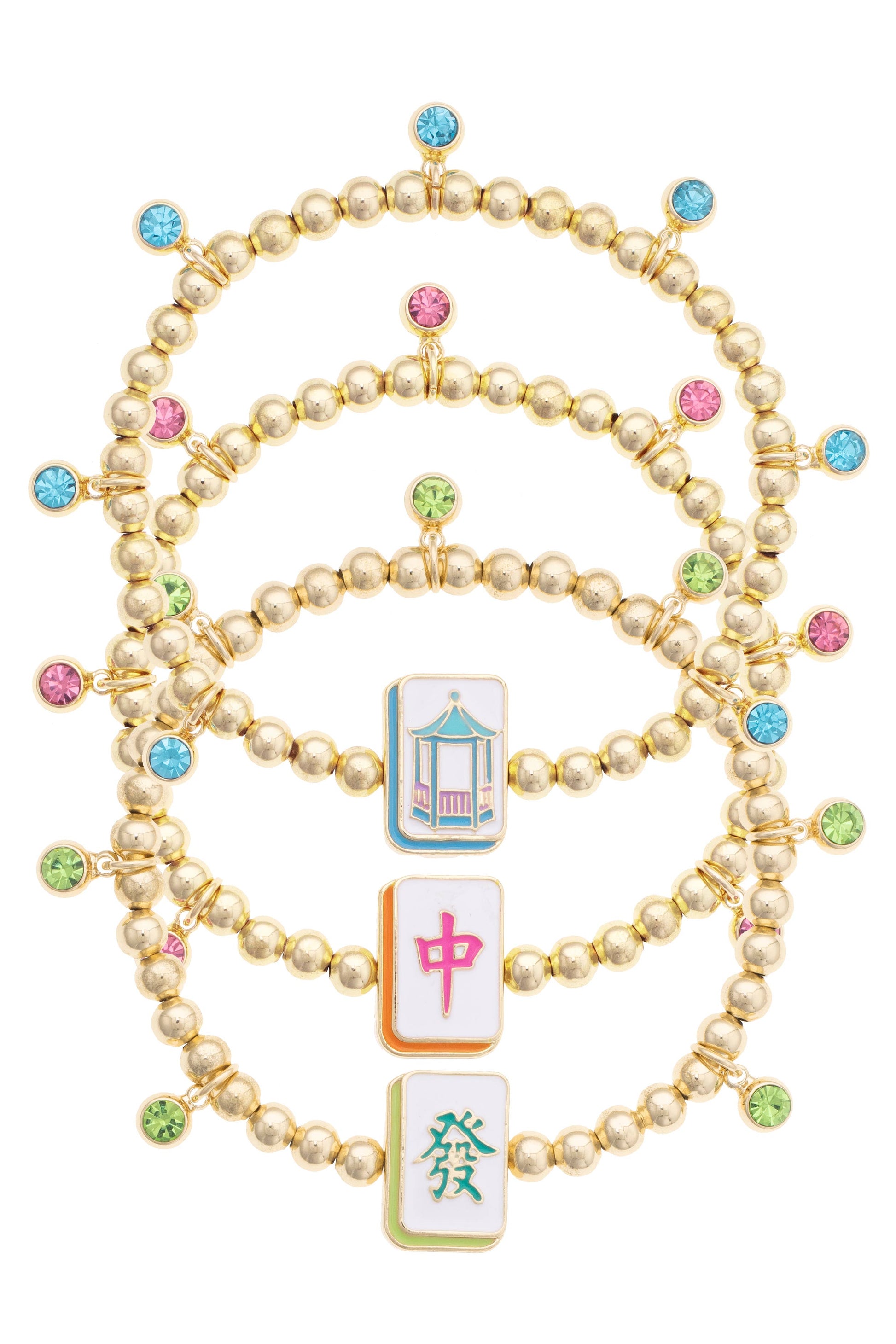 Mahjong Lucky Charms Ball Bead Bracelet Set of 3 in Gold
