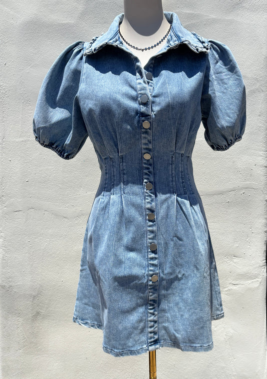 Bubble Sleeve Denim Dress-Tren