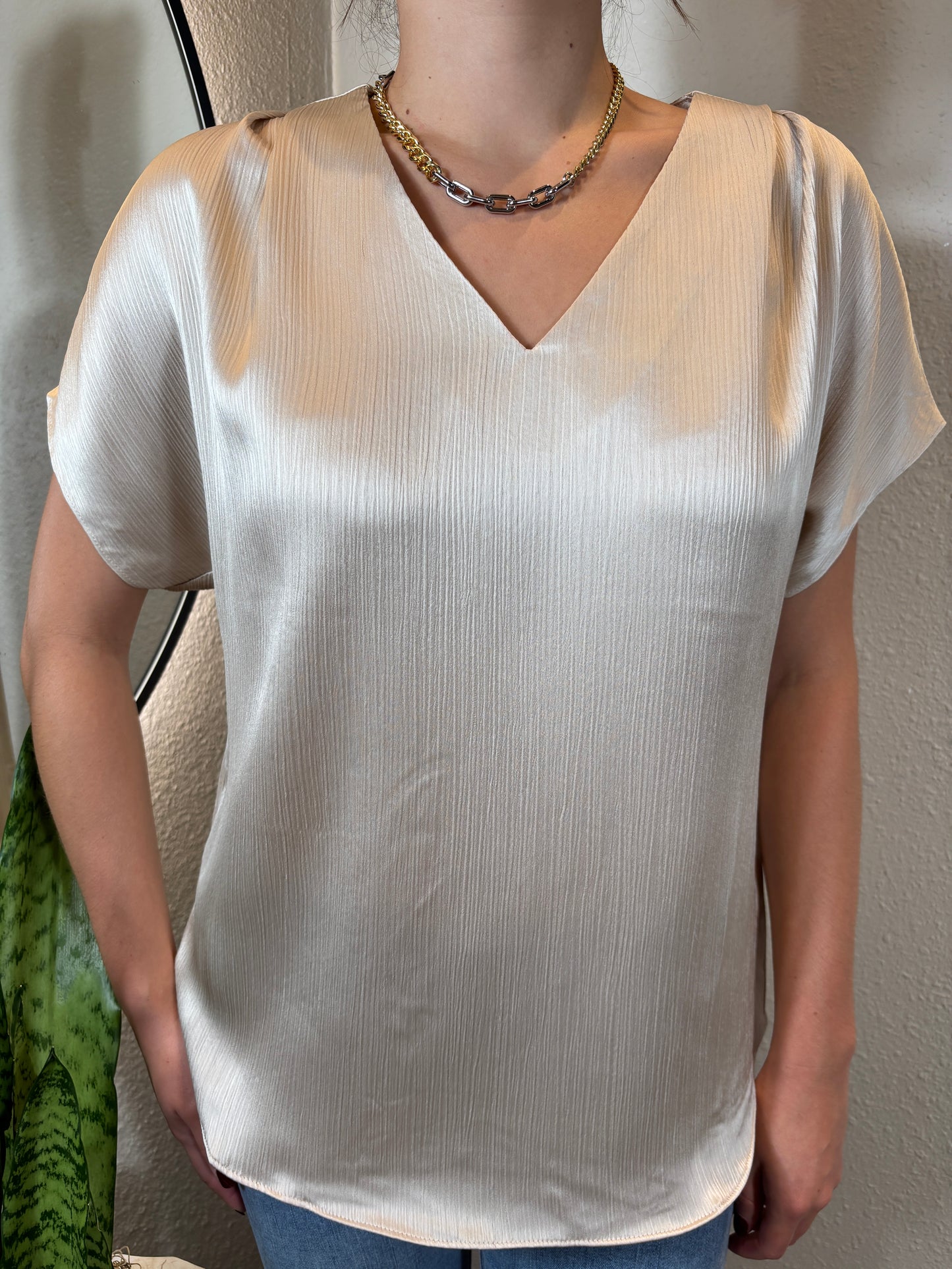 Pleated Cap Sleeve Blouse in Crinkle Satin