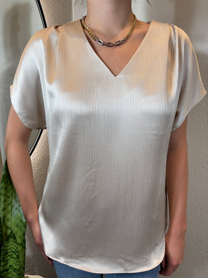 Pleated Cap Sleeve Blouse in Crinkle Satin
