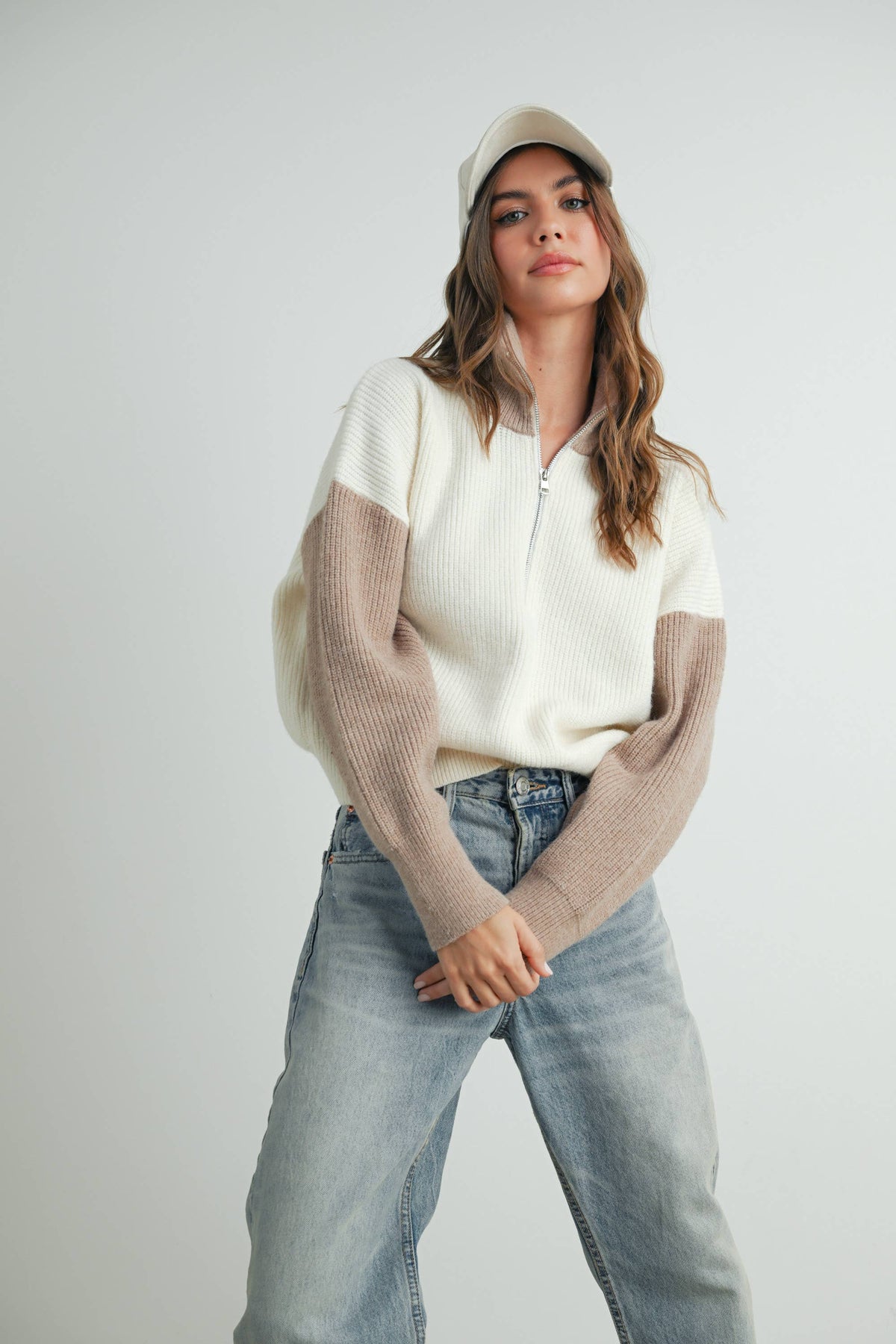 Color Block Collar Half Zipper Pullover Sweater - BMW7589