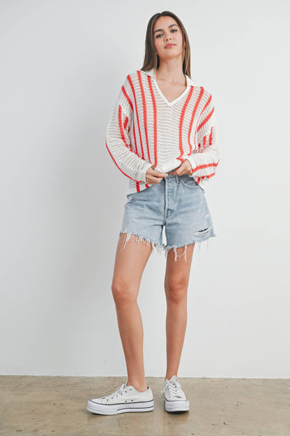 Striped Knit Sweater with Collar - BMW7435