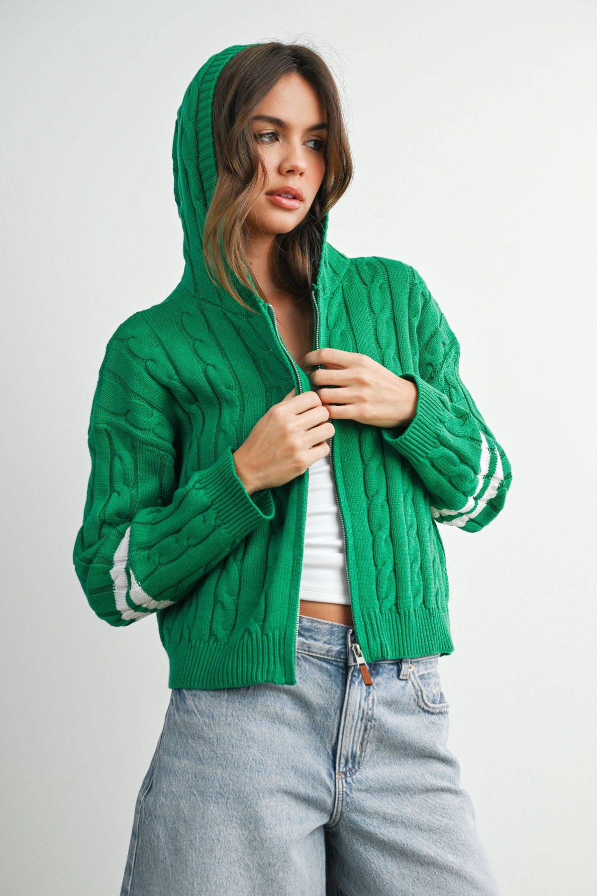 Cable Knit Zip-Up Hoodie Cardigan - BMC8196