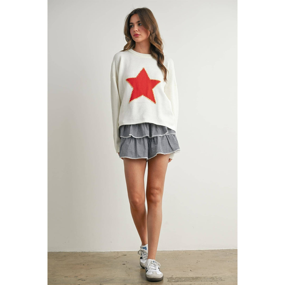 Drop Shoulder Star Pattern Sweater - BMW7756
