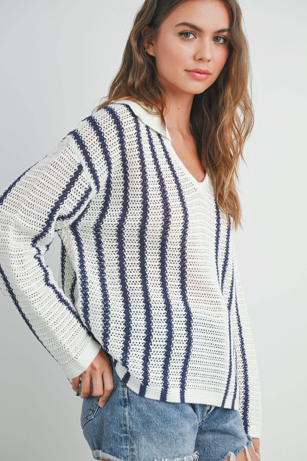 Striped Knit Sweater with Collar - BMW7435