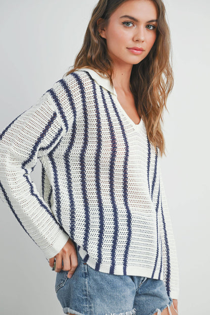 Striped Knit Sweater with Collar - BMW7435