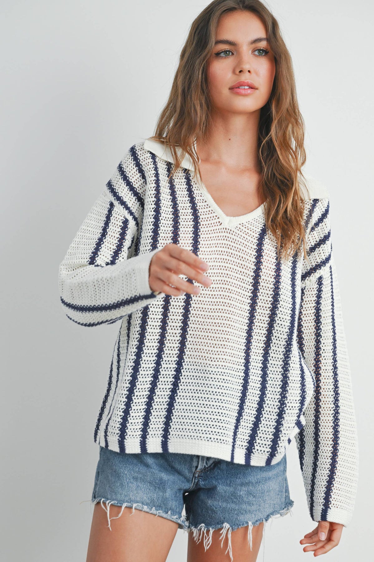 Striped Knit Sweater with Collar - BMW7435