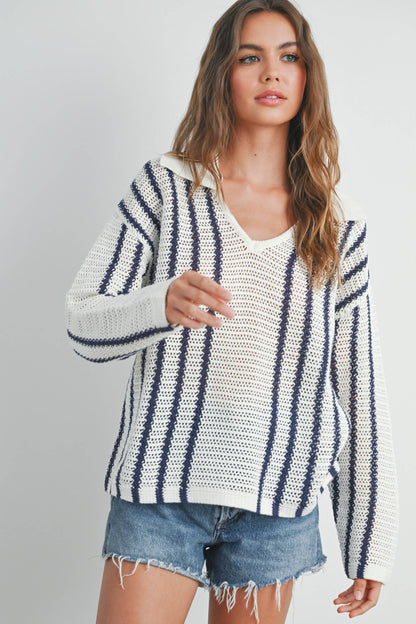 Striped Knit Sweater with Collar - BMW7435