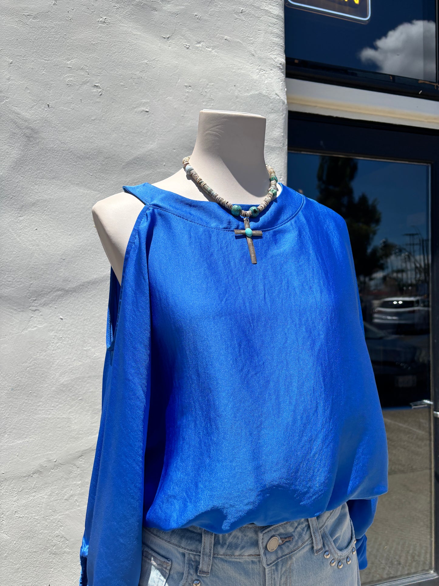 Silk One Open Shoulder Blue Top-Tyc