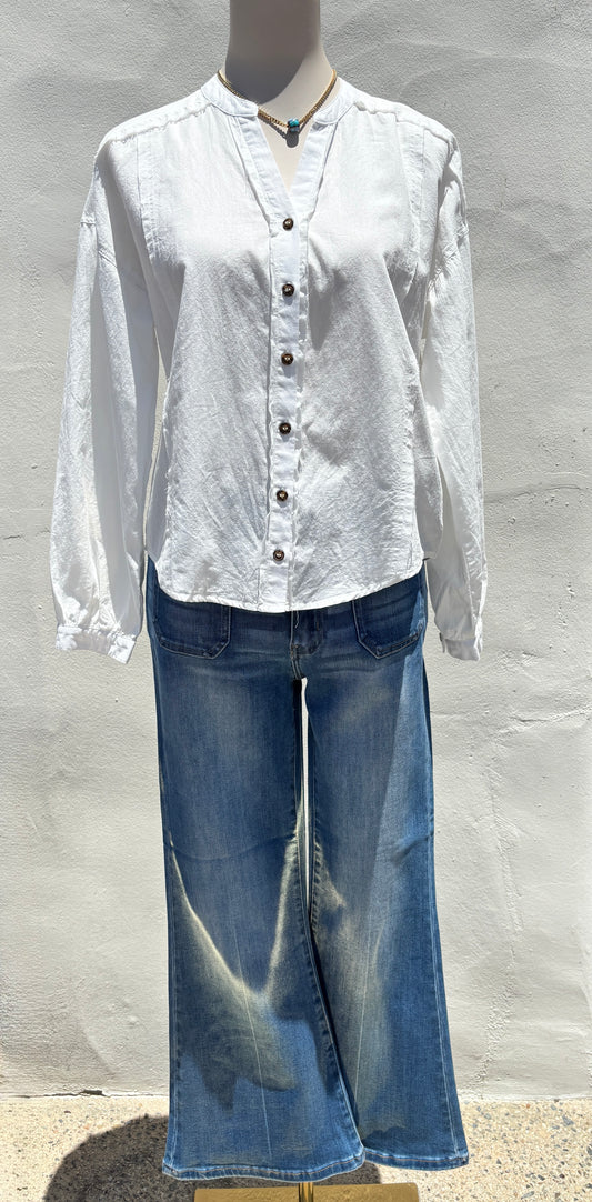 V-Neck Off White Raw Edge Detailed Shirt