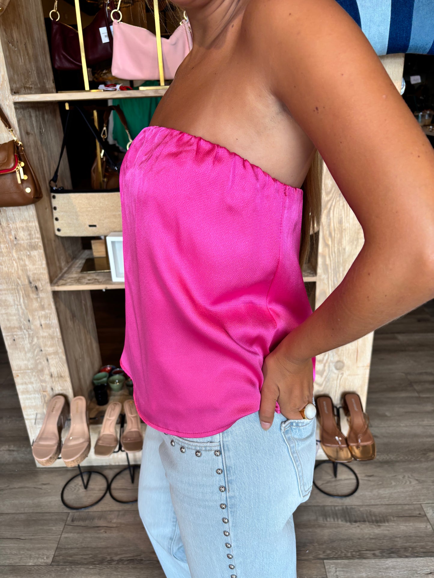 Shiny Satin Strapless Top-Ty