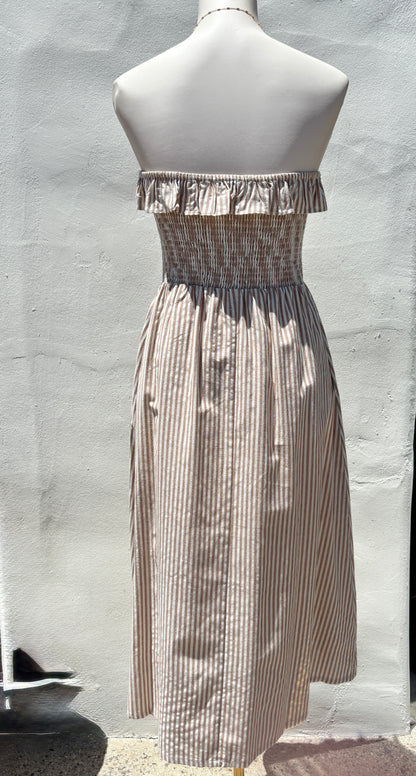 Taupe Striped Strapless Midi Dress