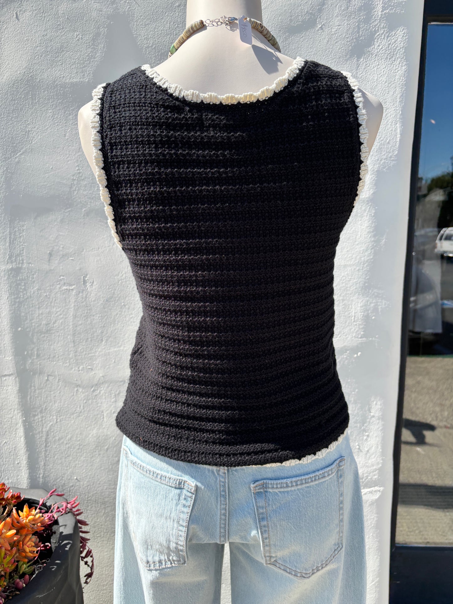 Contrast Trim Crochet Black Sweater Top