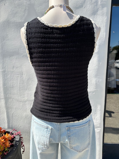 Contrast Trim Crochet Black Sweater Top