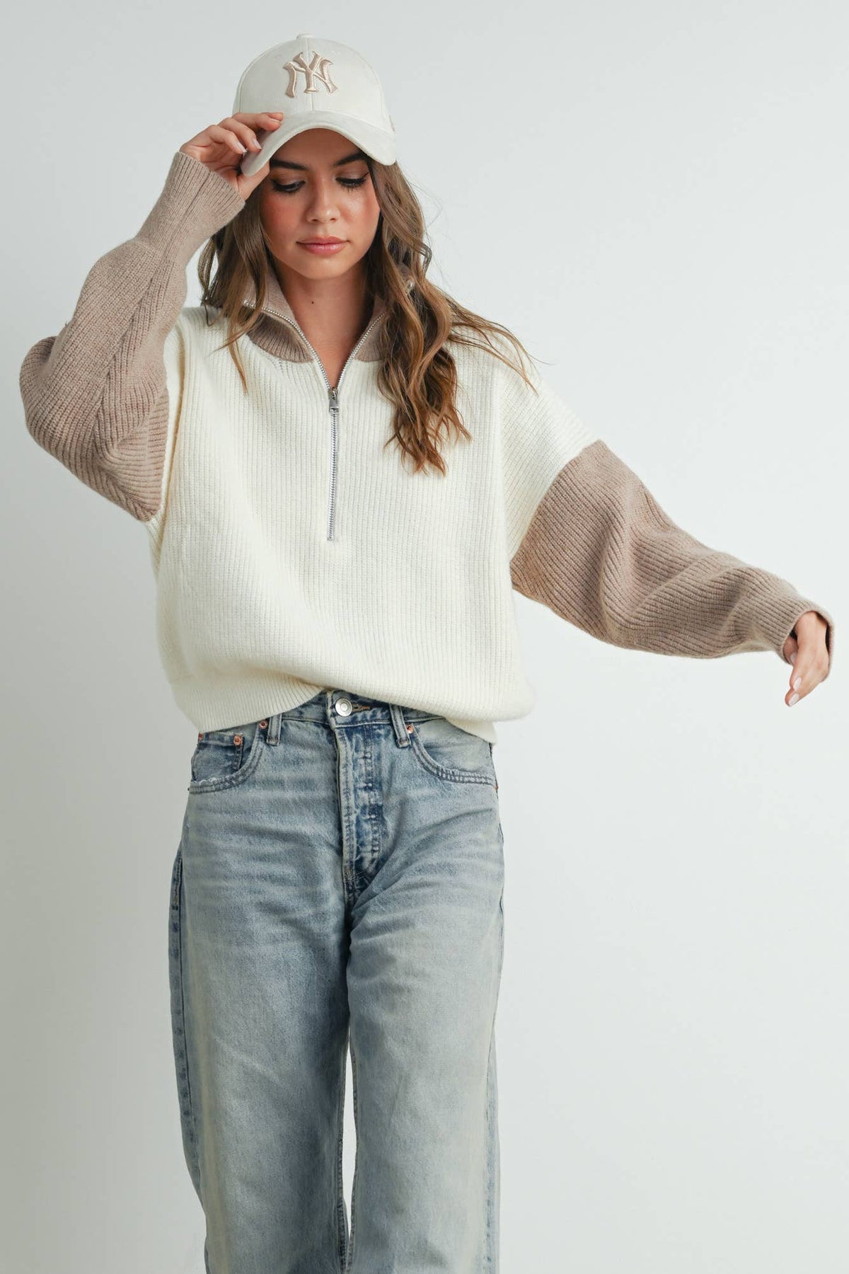 Color Block Collar Half Zipper Pullover Sweater - BMW7589
