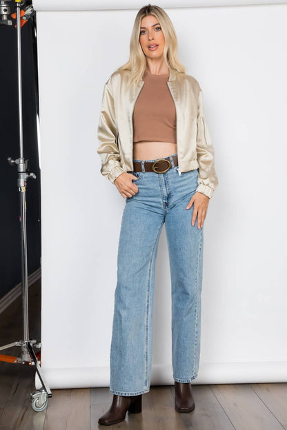 Elegance Satin Zip Up Bomber Jacket