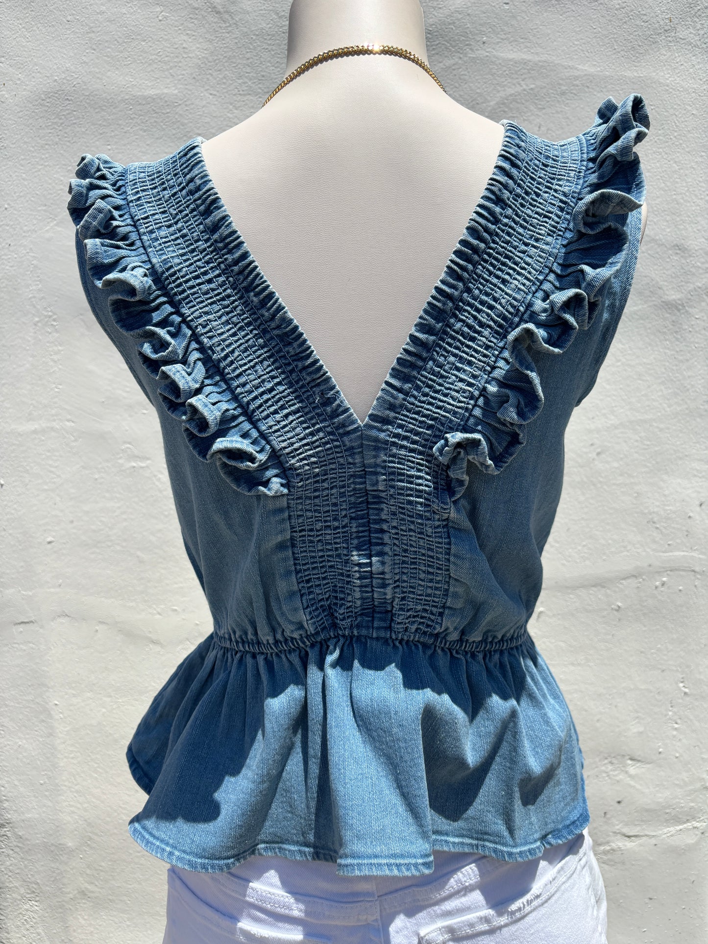 Smocked Detail Ruffle denim Top-SyBo