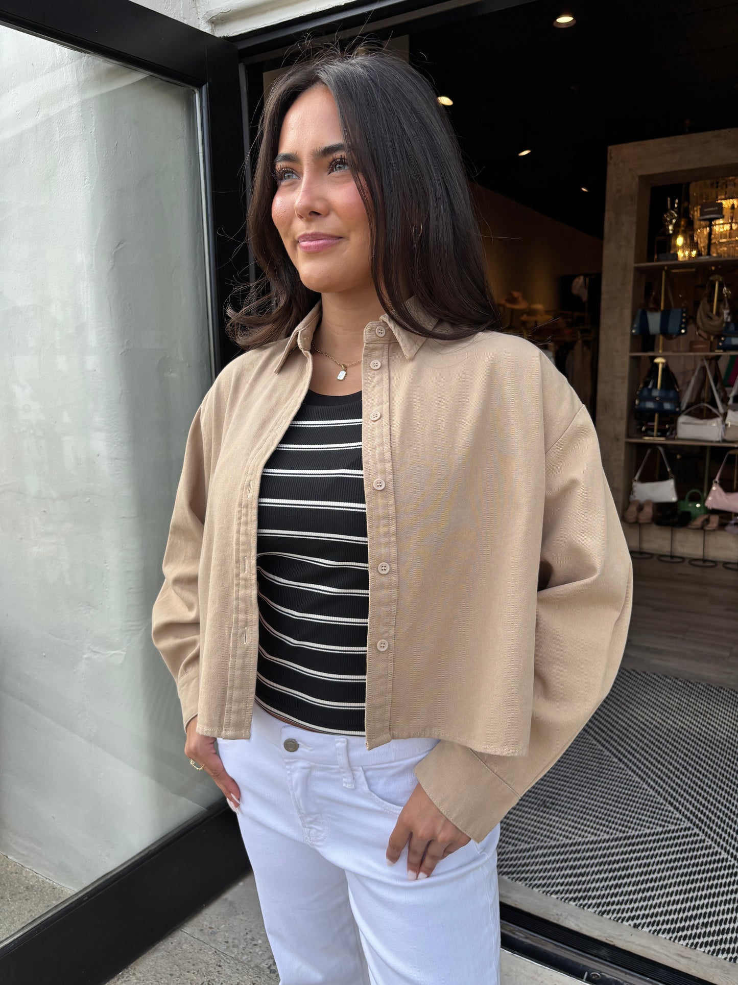 L/S Tan Button down Crop Shirt-MM