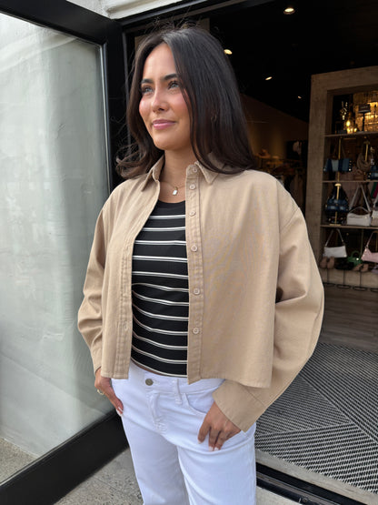 L/S Tan Button down Crop Shirt-MM