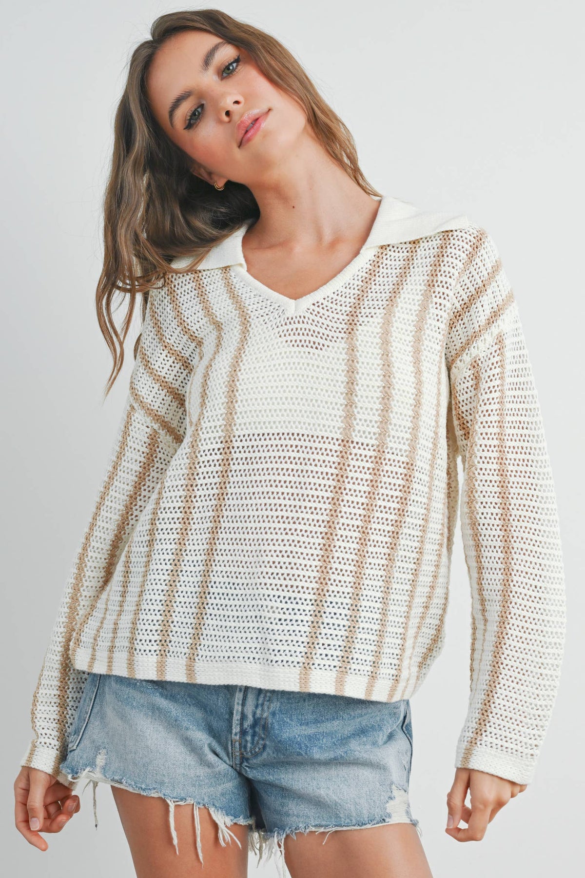 Striped Knit Sweater with Collar - BMW7435