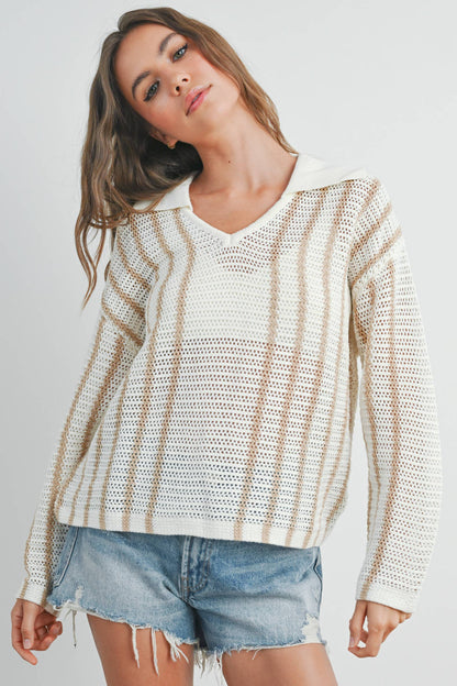 Striped Knit Sweater with Collar - BMW7435