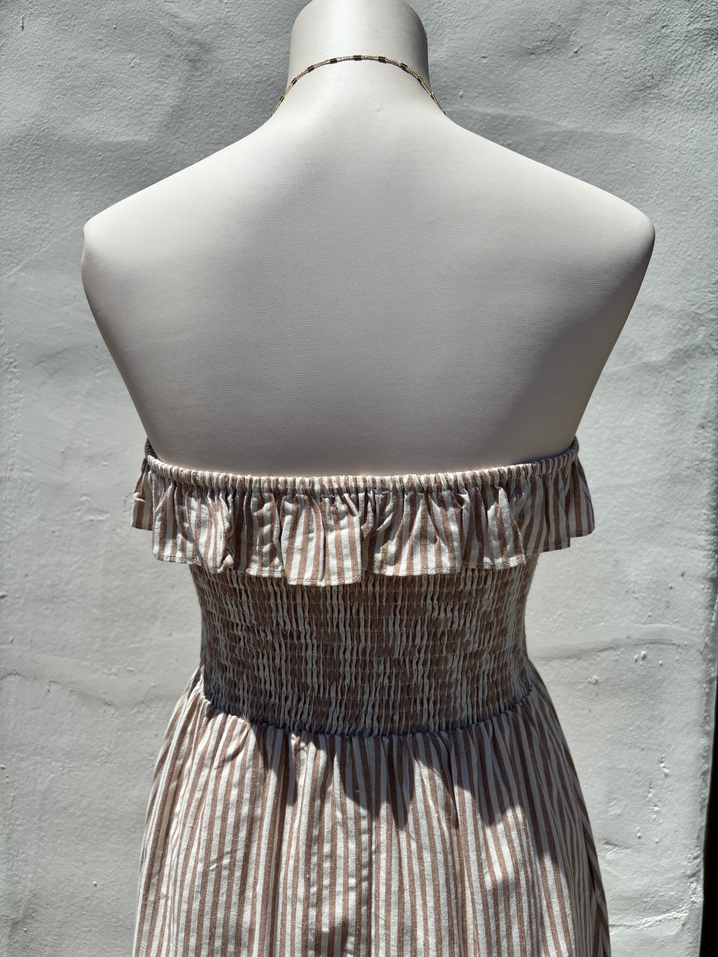 Taupe Striped Strapless Midi Dress