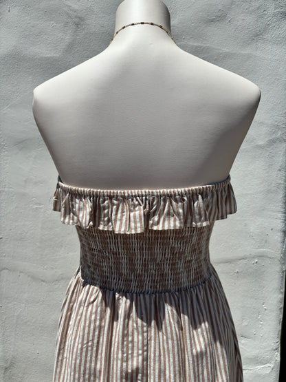 Taupe Striped Strapless Midi Dress