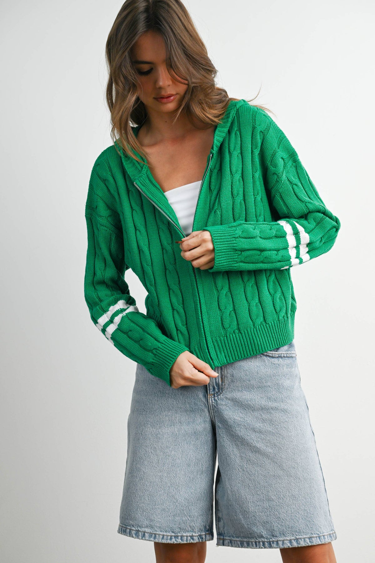 Cable Knit Zip-Up Hoodie Cardigan - BMC8196