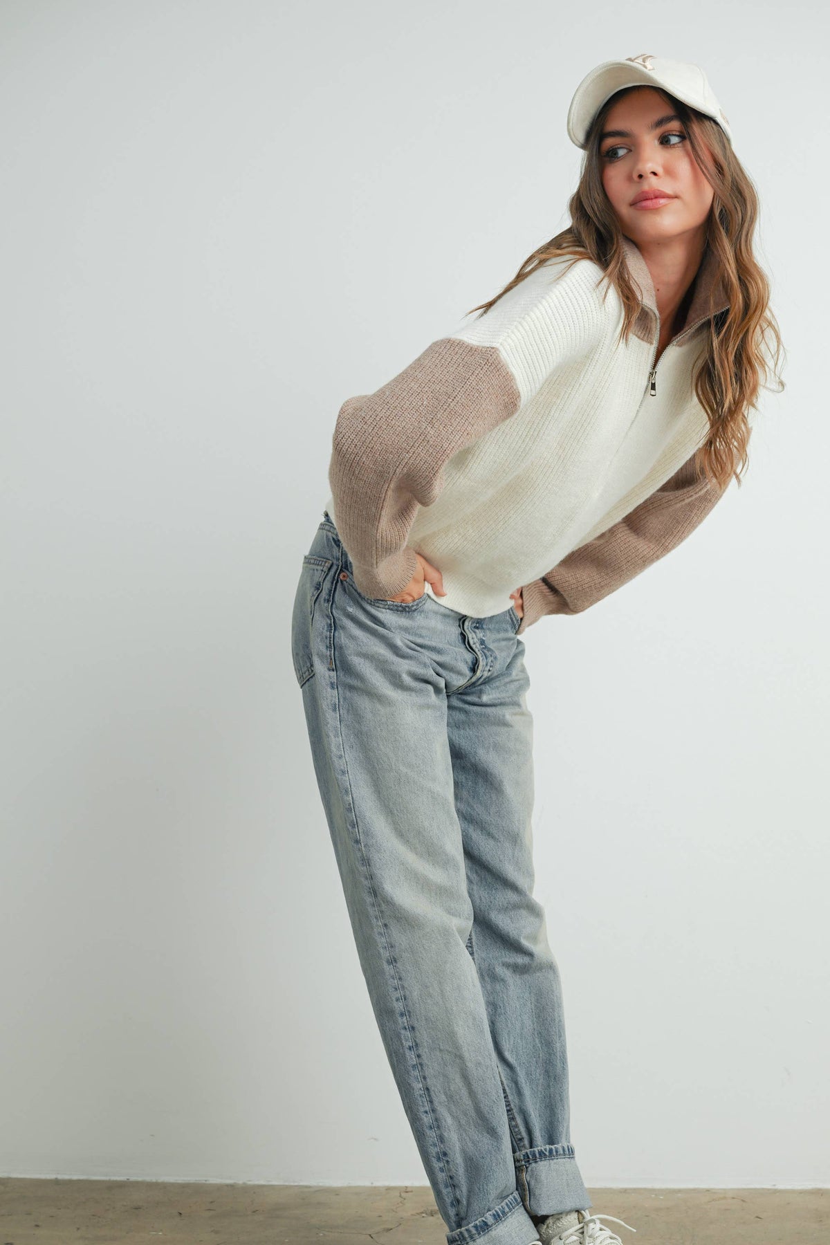 Color Block Collar Half Zipper Pullover Sweater - BMW7589